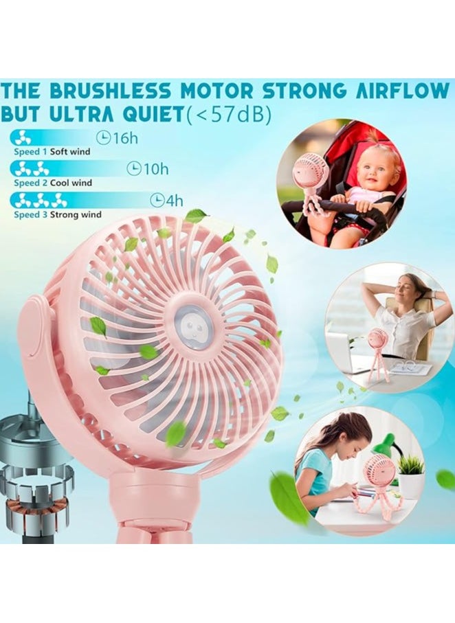 Upgraded Portable Baby Stroller Fan, 360°Rotate Rechargeable Mini Clip on Fan with Flexible Tripod for Treadmill Crib Car Seat Travel, 4000mAh Battery Powered Handheld Fan (Pink)