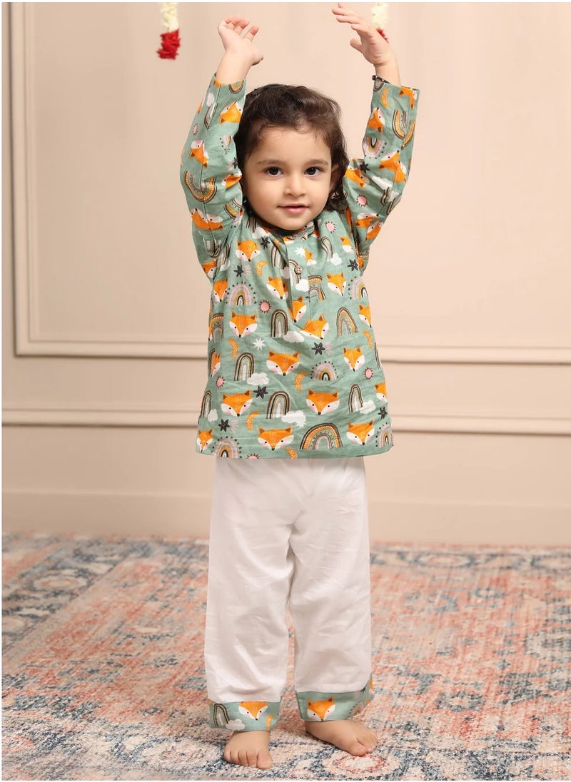 Polka Tots Full Sleeves Night Wear Wolf Kurta Pyjama - Rainbow