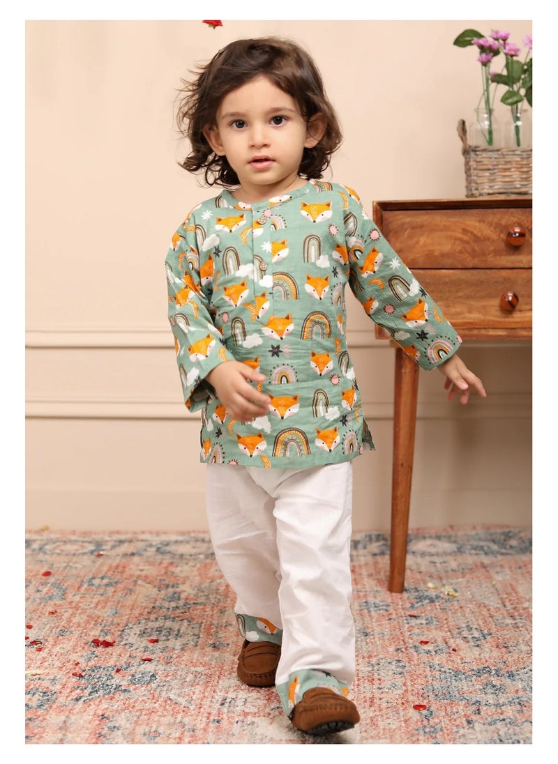 Polka Tots Full Sleeves Night Wear Wolf Kurta Pyjama - Rainbow