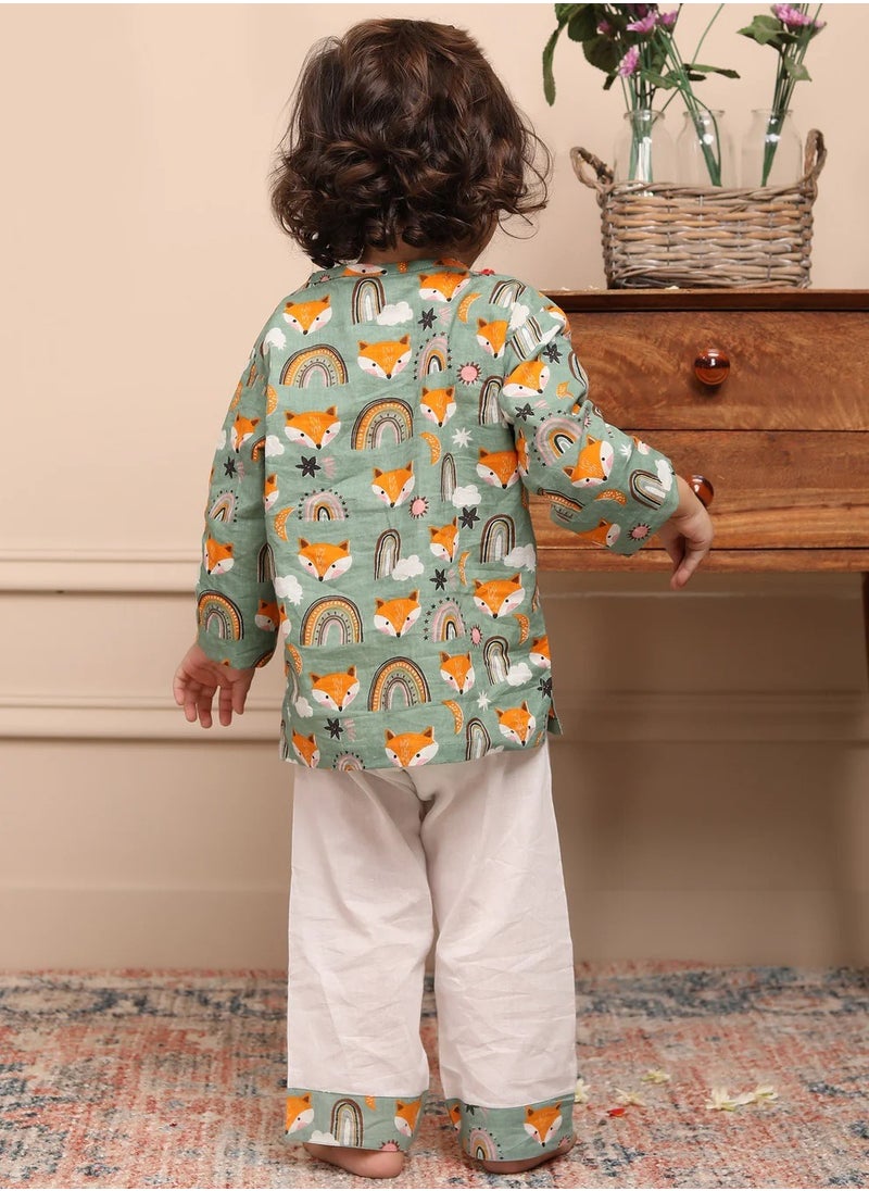 Polka Tots Full Sleeves Night Wear Wolf Kurta Pyjama - Rainbow