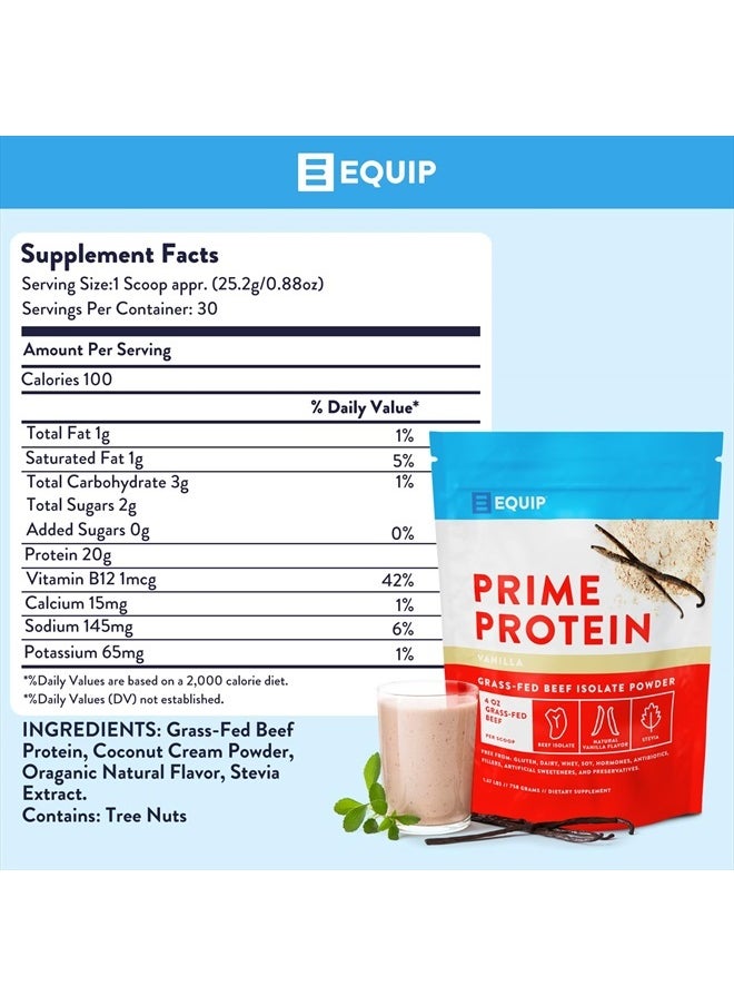 Foods Prime Protein Powder | Clean, Grass Fed Beef Protein Isolate | Carnivore Protein Powder | Paleo, Keto Friendly | Gluten, Dairy Free | Helps Build & Repair Tissue | 30 Servings, Vanilla