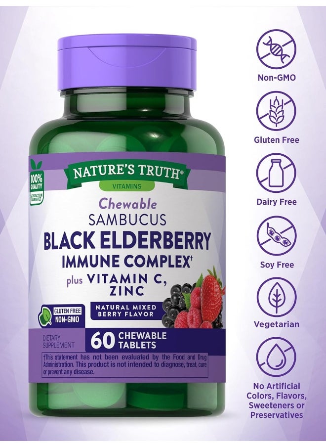 Elderberry Immune Support 60 Chewable Tablets With Vitamin C And Zinc Mixed Berry Flavor