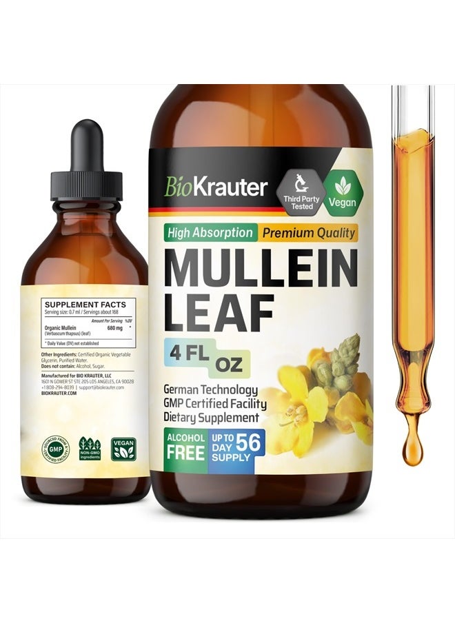 Mullein Drops for Lungs - Liquid Mullein Leaf Extract for Lungs Cleanse - Sugar & Alcohol Free Mullein Tincture - Pure Mullein Extract Drops- Respiratory Supplements - 4 Fl. Oz.