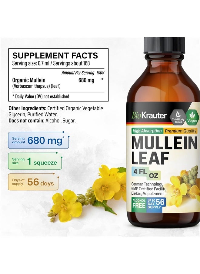 Mullein Drops for Lungs - Liquid Mullein Leaf Extract for Lungs Cleanse - Sugar & Alcohol Free Mullein Tincture - Pure Mullein Extract Drops- Respiratory Supplements - 4 Fl. Oz.