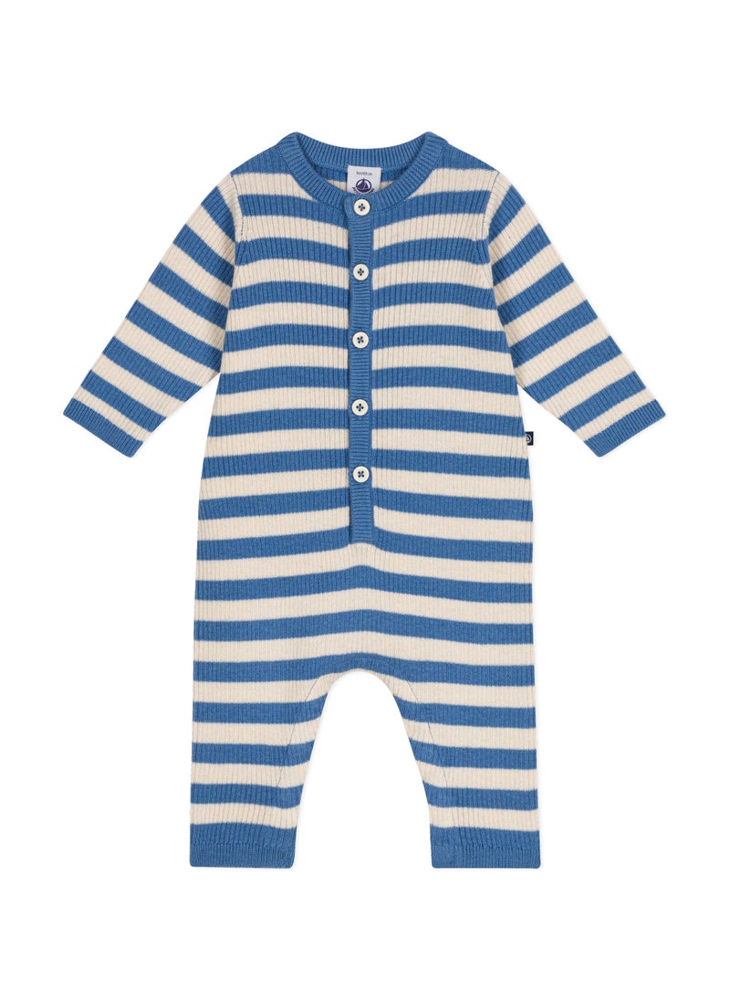 Babies' stripy wool and cotton knit jumpsuit