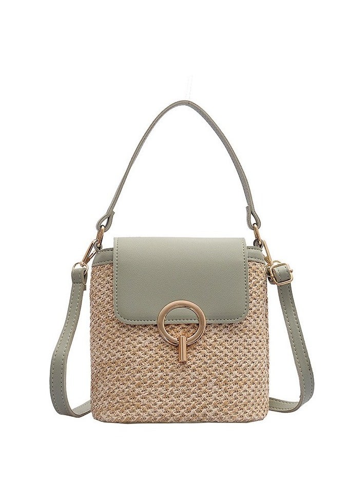 Sweet and fresh wicker woven bags, opposite colored bucket locked one -shoulder portable Messenger pl. Colour:White - Green