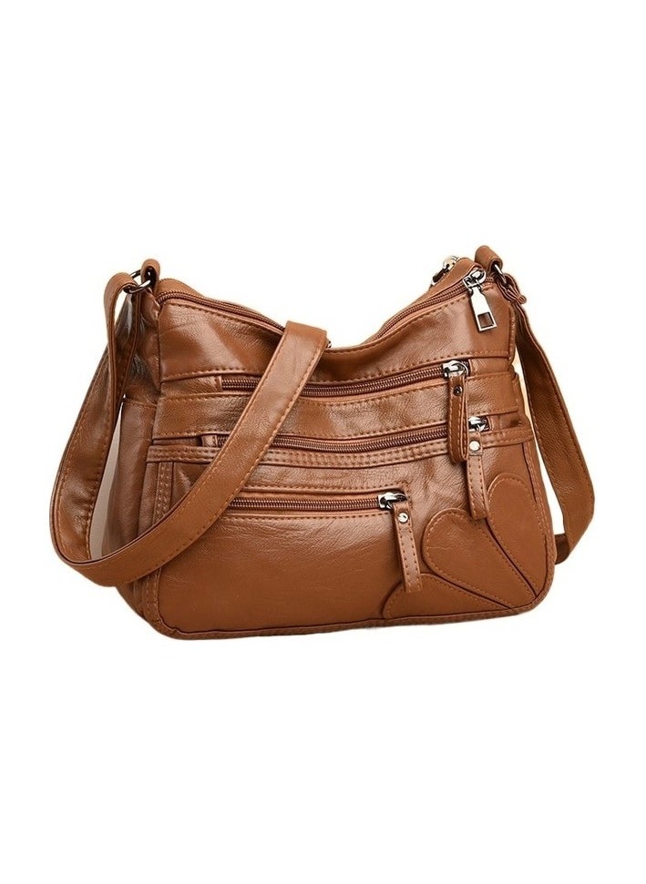 Soft Leather Large Capacity Woman Shoulder Bag - Brown Sizes:1 Colour:Brown - black