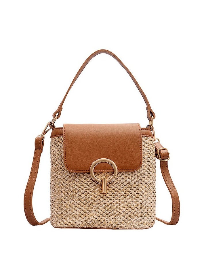 Sweet and fresh wicker woven bags, opposite colored bucket locked one -shoulder portable Messenger pl. Colour:Brown - black