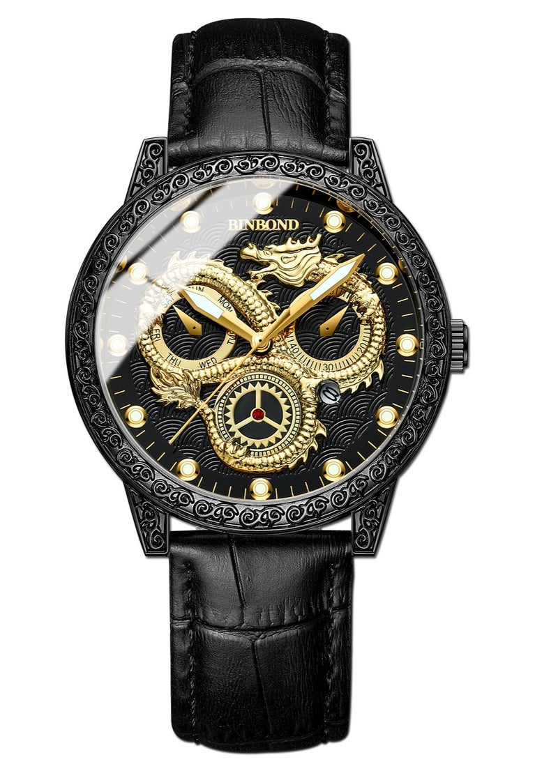 Men's Embossed Gold Dragon Dial Luminous Waterproof Quartz Watch