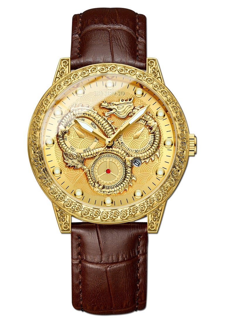 Men's Embossed Gold Dragon Dial Luminous Waterproof Quartz Watch