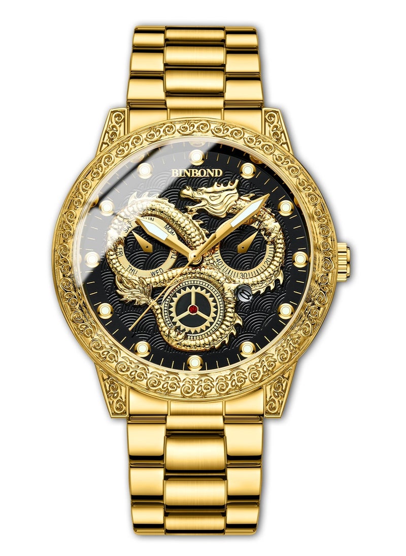 Men's Embossed Gold Dragon Dial Luminous Waterproof Quartz Watch