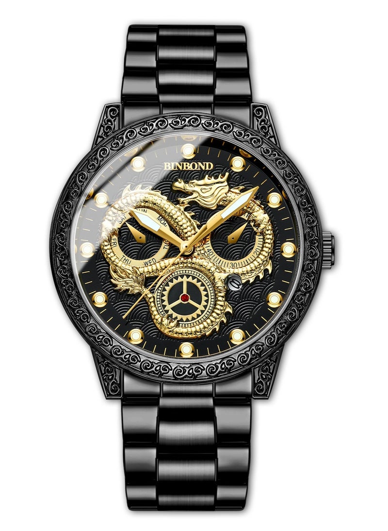 Men's Embossed Gold Dragon Dial Luminous Waterproof Quartz Watch