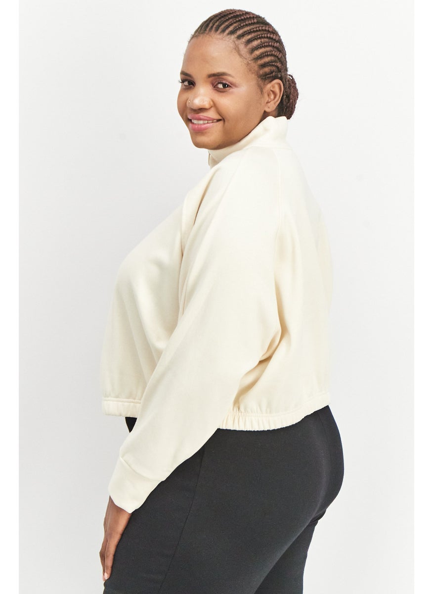 Women Plus Size Long Sleeve Running Crop Sweatshirt, Cream