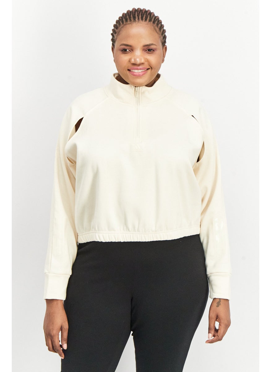 Women Plus Size Long Sleeve Running Crop Sweatshirt, Cream