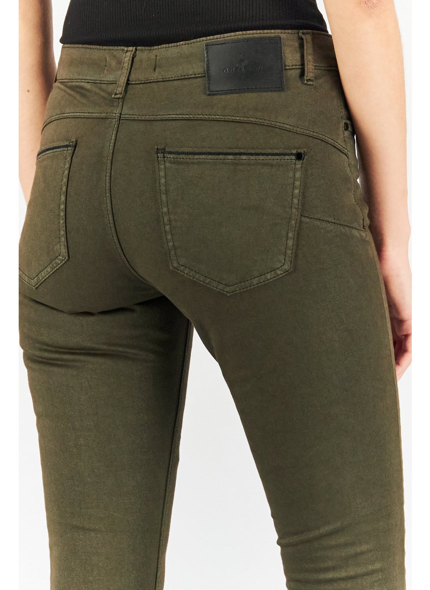 Women Slim Fit Plain Four Pocket Pants, Dark Green