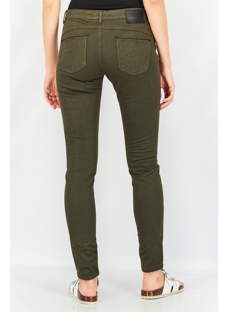 Women Slim Fit Plain Four Pocket Pants, Dark Green