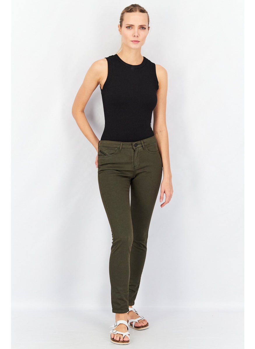 Women Slim Fit Plain Four Pocket Pants, Dark Green