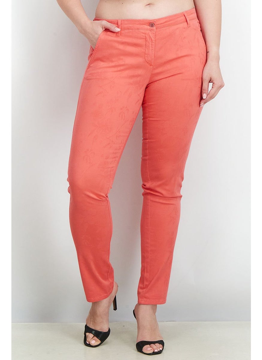 Women Regular Fit Stretchable Solid Trouser Pants, Coral