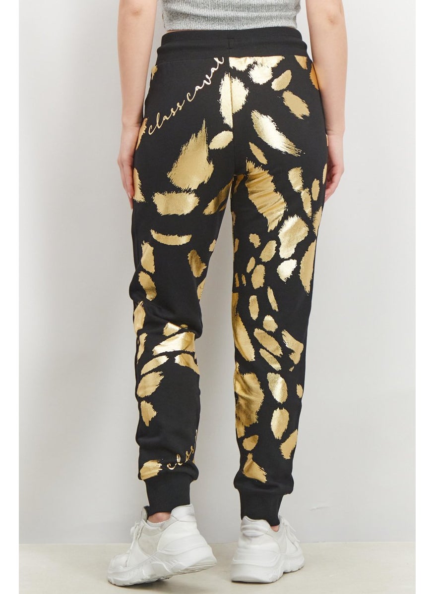 Women Drawstring Printed Cuffed Pants, Black and Gold