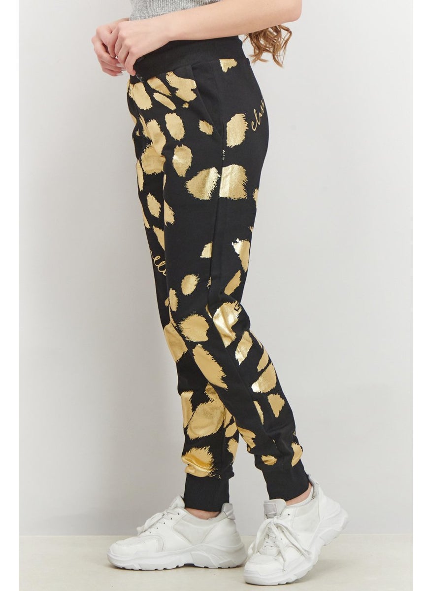 Women Drawstring Printed Cuffed Pants, Black and Gold