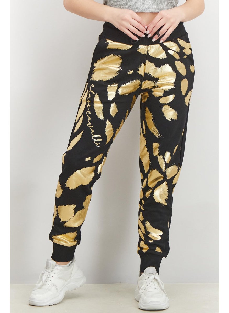 Women Drawstring Printed Cuffed Pants, Black and Gold