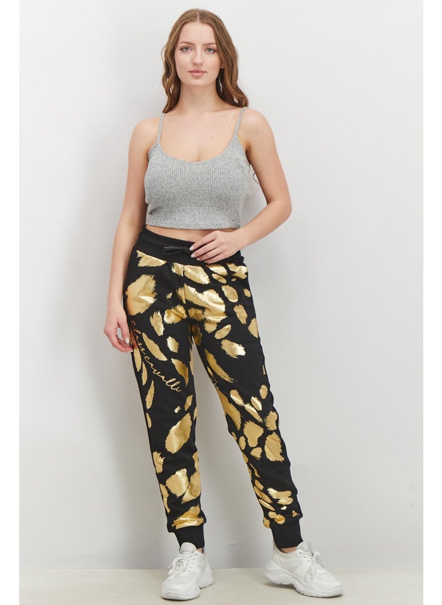 Women Drawstring Printed Cuffed Pants, Black and Gold