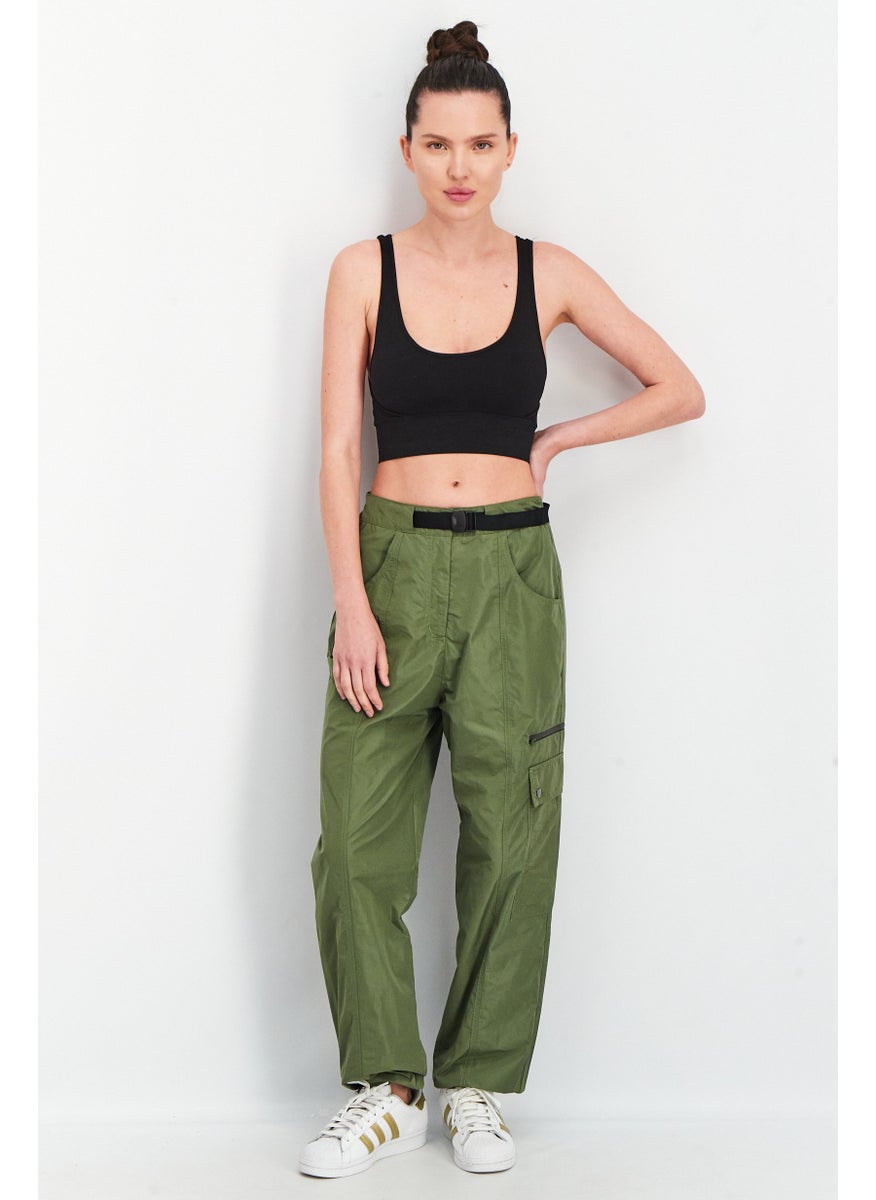 Women High Waist Belted Solid Pants, Dark Green