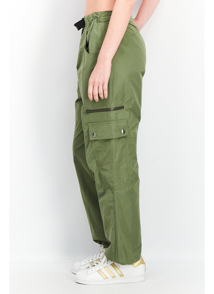 Women High Waist Belted Solid Pants, Dark Green