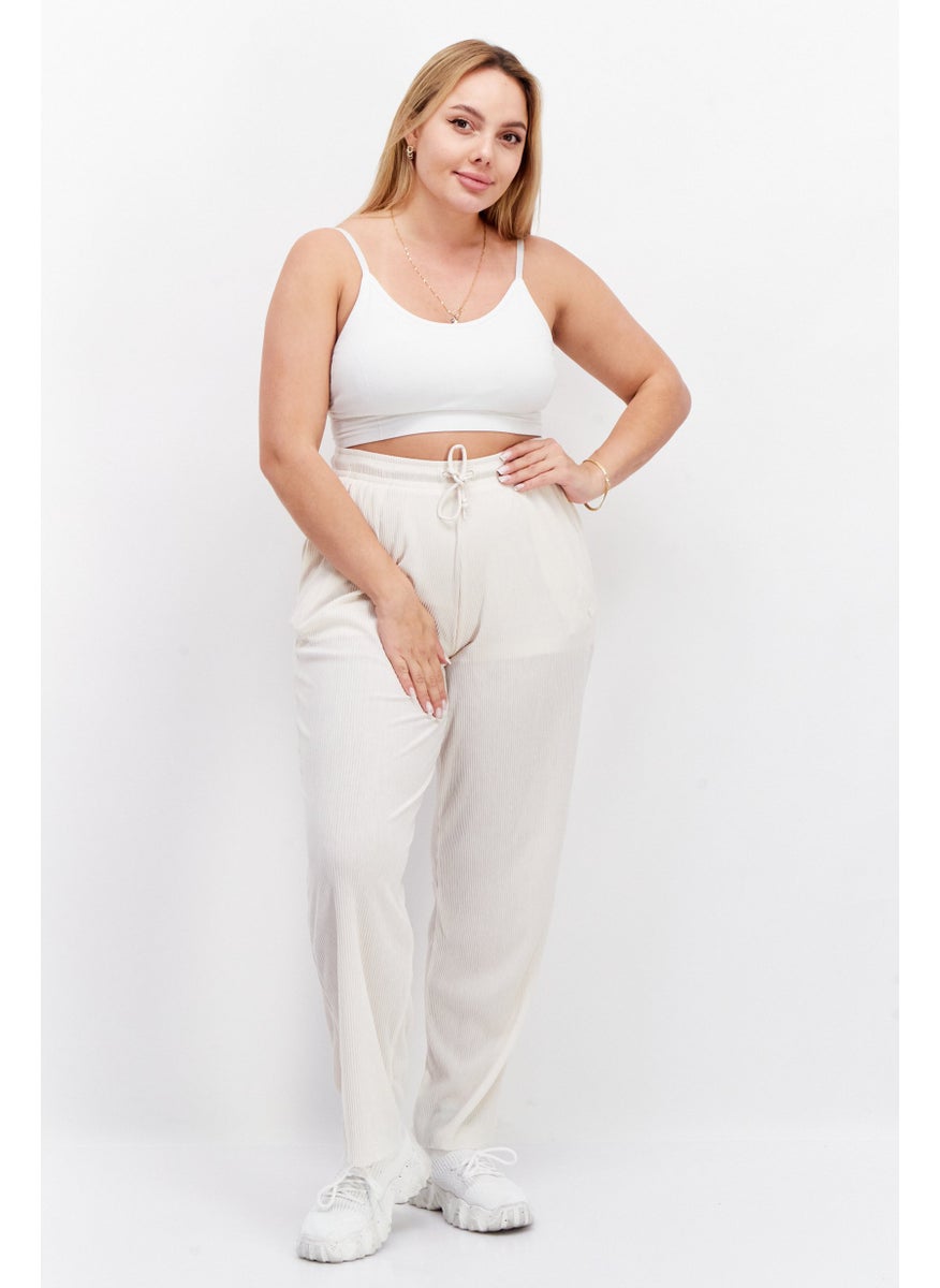 Women Regular Fit Brand Logo Wide Leg Pant, Beige