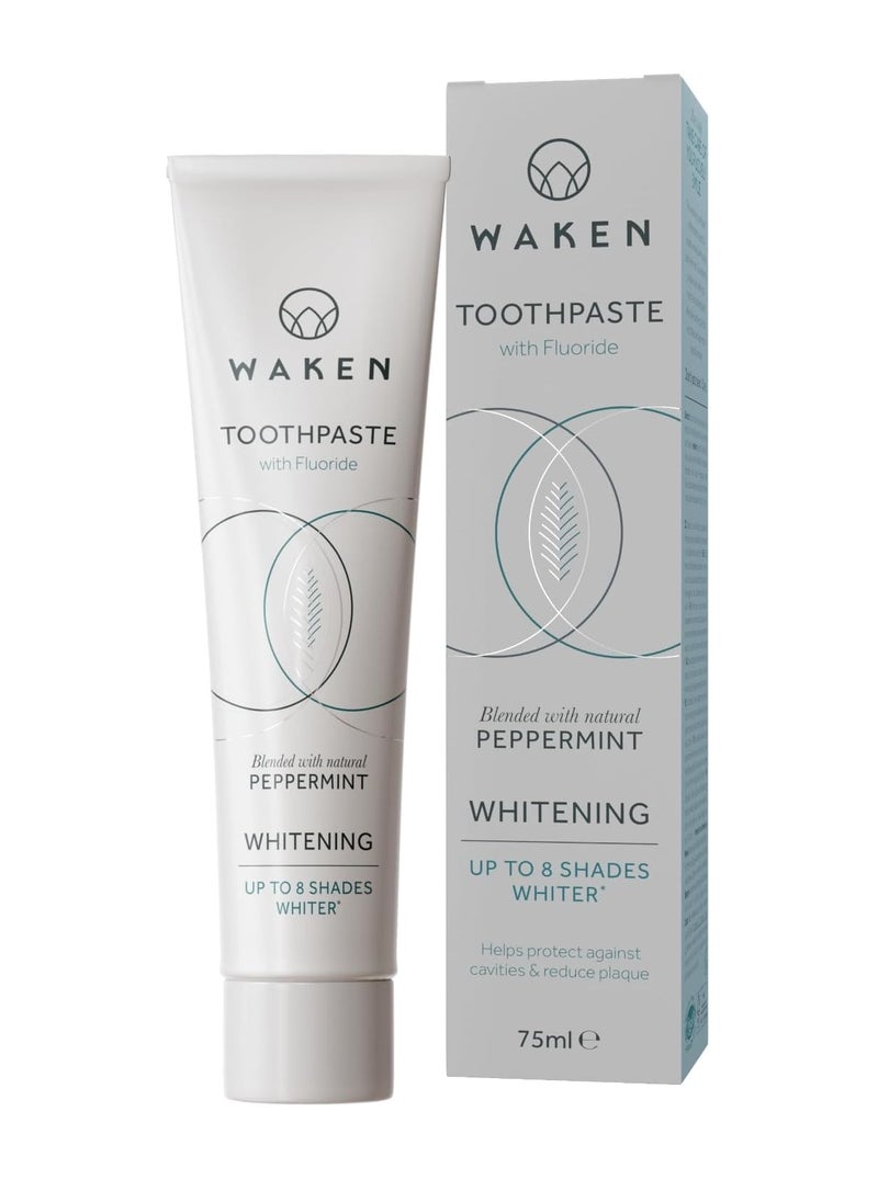 Whitening Toothpaste clinically tested whitening formula for up to 8 shades whiter teeth prevents enamel stains SLS free Vegan Friendly 100% Recyclable Natural Peppermint Flavour 75ml