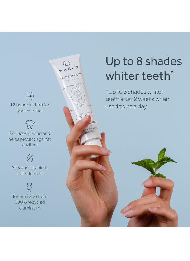 Whitening Toothpaste clinically tested whitening formula for up to 8 shades whiter teeth prevents enamel stains SLS free Vegan Friendly 100% Recyclable Natural Peppermint Flavour 75ml