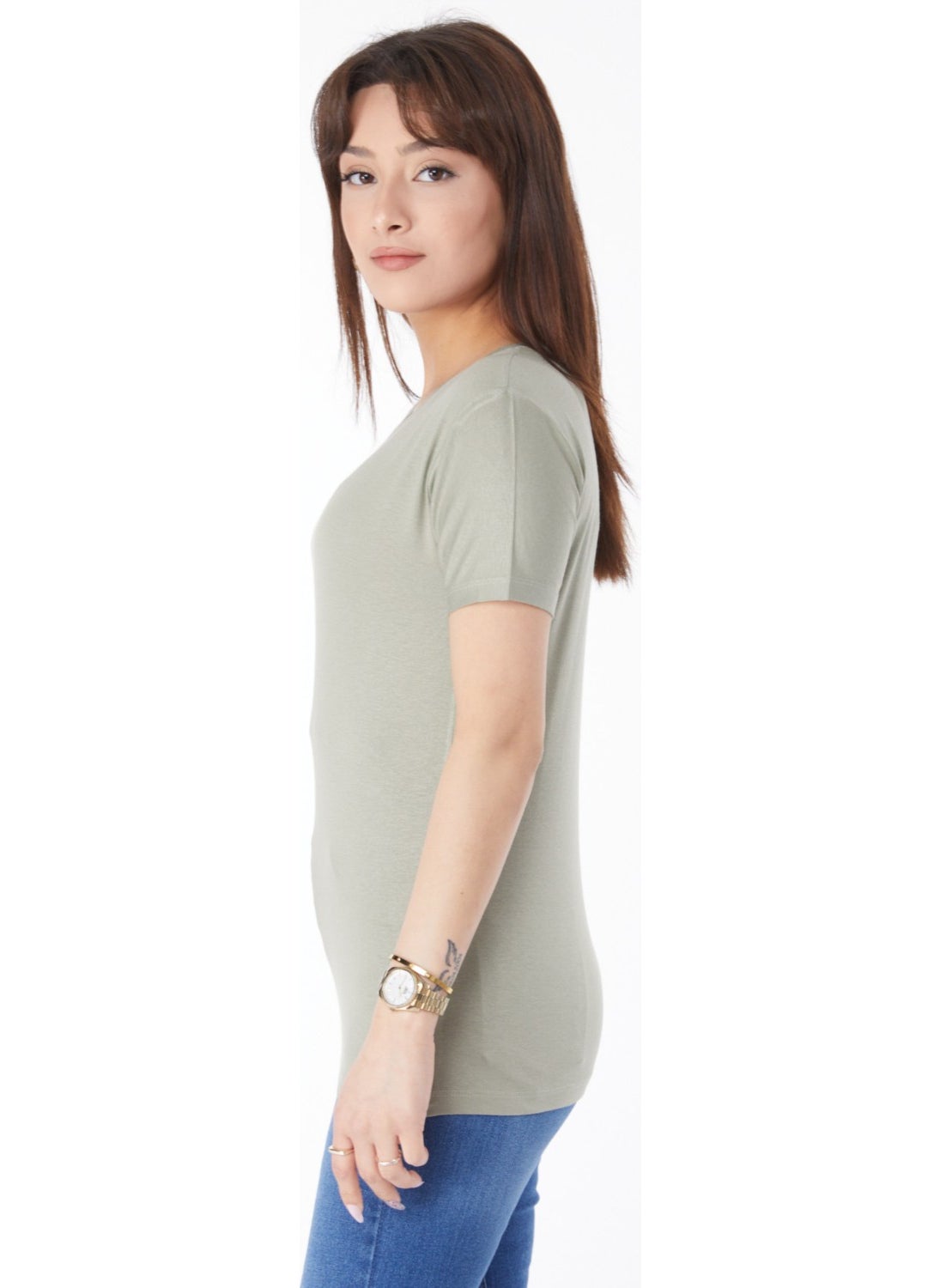 Plain Crew Neck Women's Khaki Short Sleeve Unprinted T-Shirt - 24764