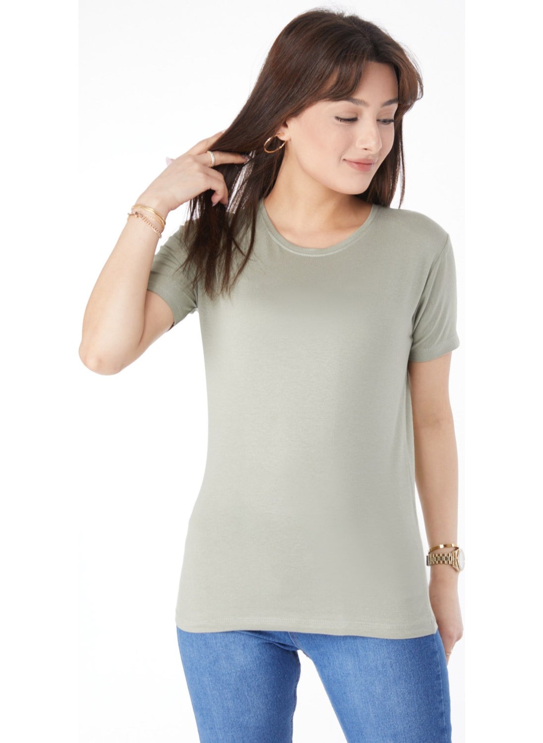 Plain Crew Neck Women's Khaki Short Sleeve Unprinted T-Shirt - 24764