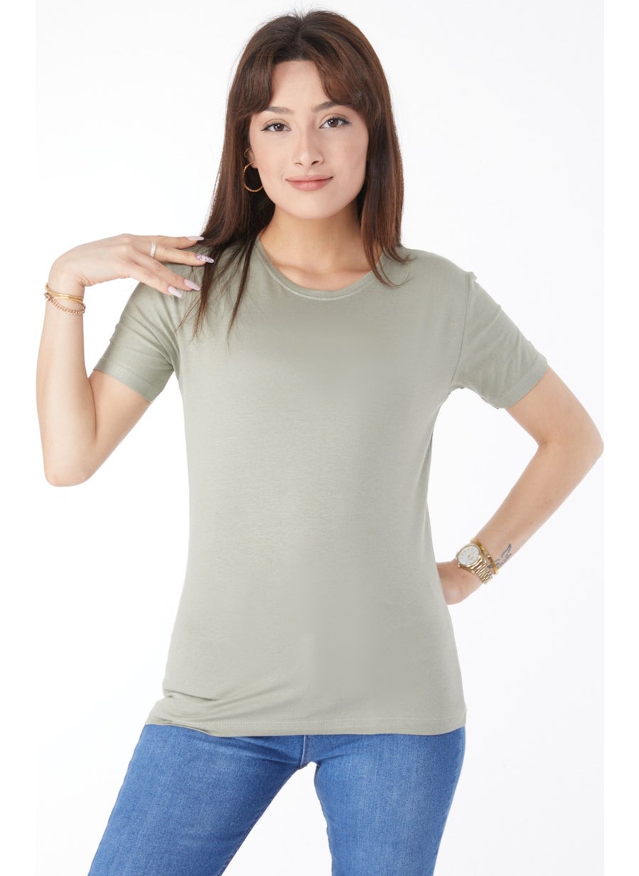 Plain Crew Neck Women's Khaki Short Sleeve Unprinted T-Shirt - 24764