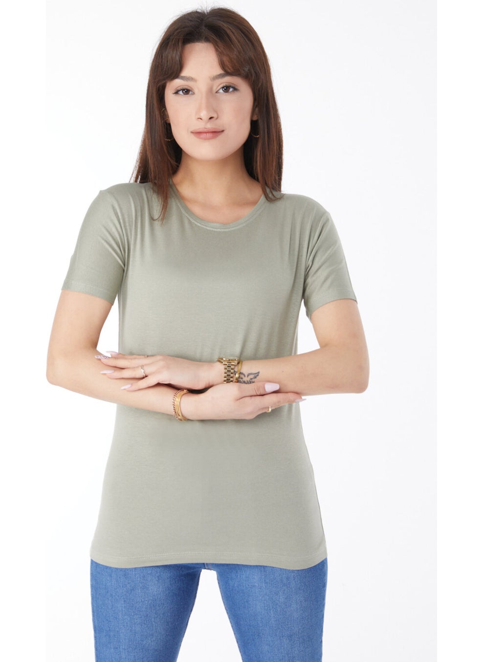 Plain Crew Neck Women's Khaki Short Sleeve Unprinted T-Shirt - 24764