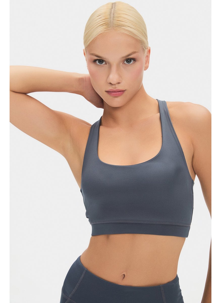 Women's Halter Neck Anthracite Lightly Supported Back Detailed Covered Sports Bra