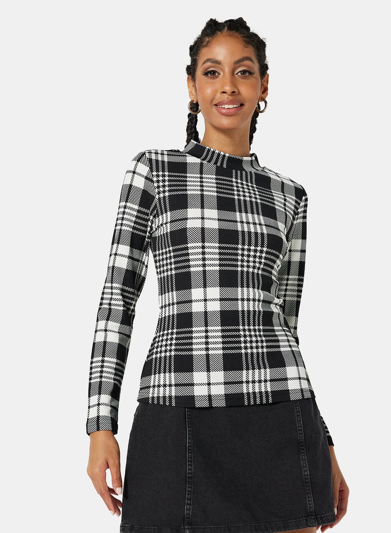 Plaid Long Sleeve Top Black/White