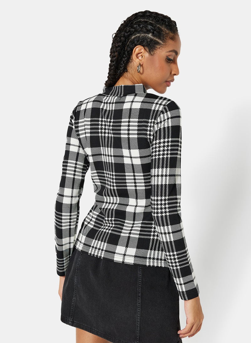 Plaid Long Sleeve Top Black/White