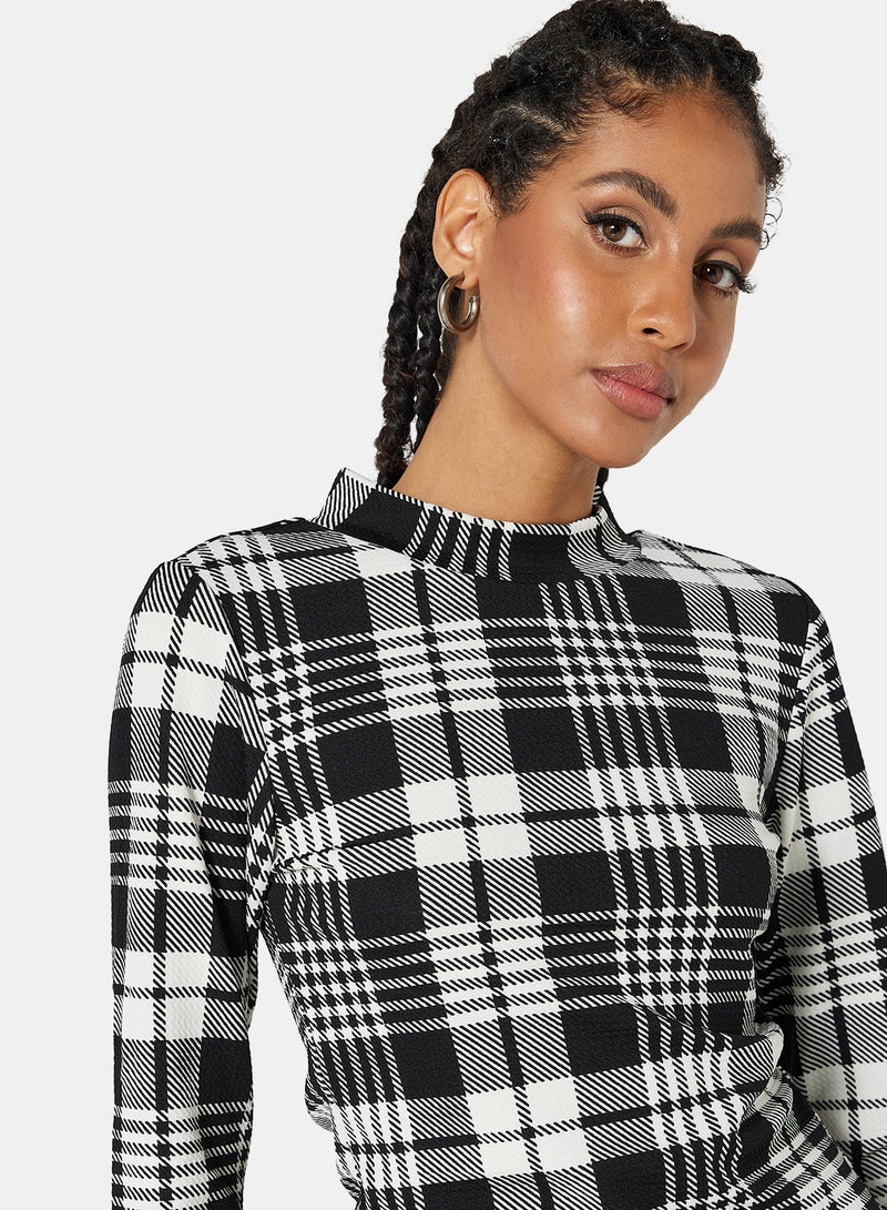 Plaid Long Sleeve Top Black/White