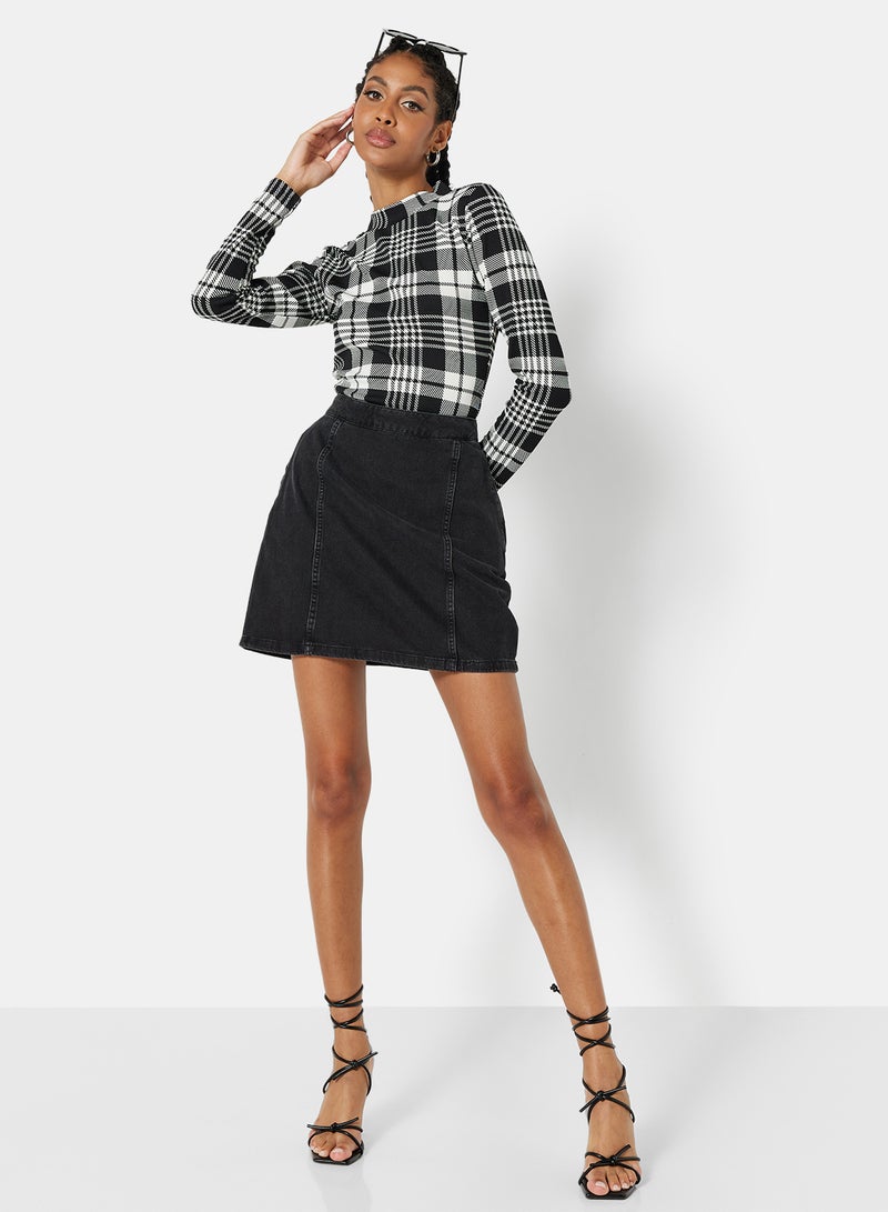 Plaid Long Sleeve Top Black/White