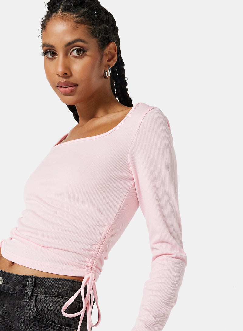 Ruched Square Neck T-Shirt Pink