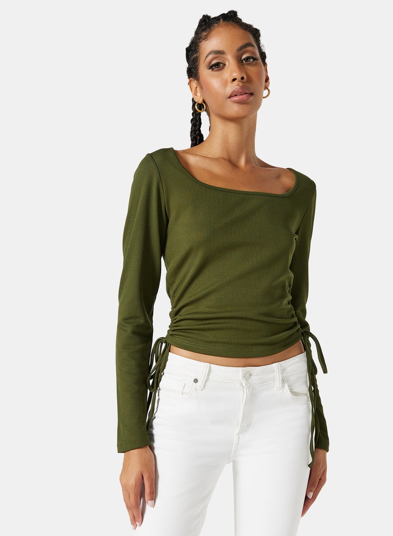 Ruched Square Neck T-Shirt Green