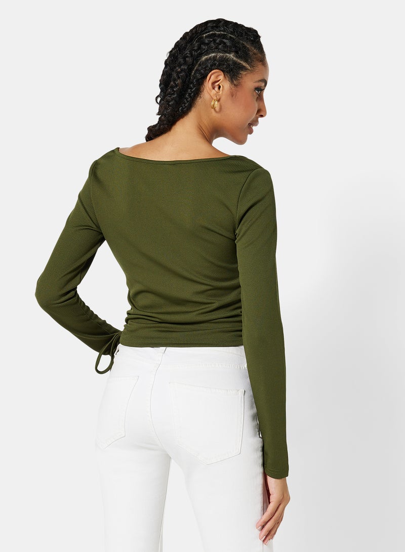 Ruched Square Neck T-Shirt Green