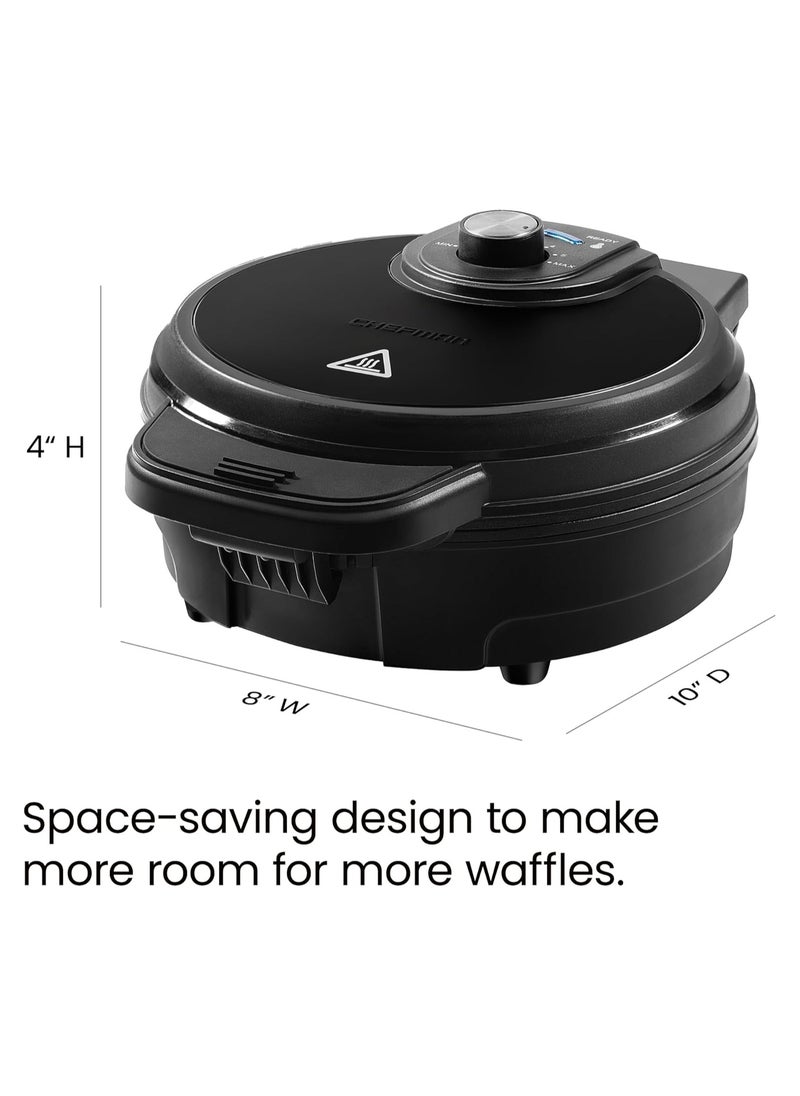 Anti Overflow Belgian Waffle Maker w/Shade Selector, Temperature Control, Mess Free Moat, Round Iron w/Nonstick Plates & Cool Touch Handle, Measuring Cup Included