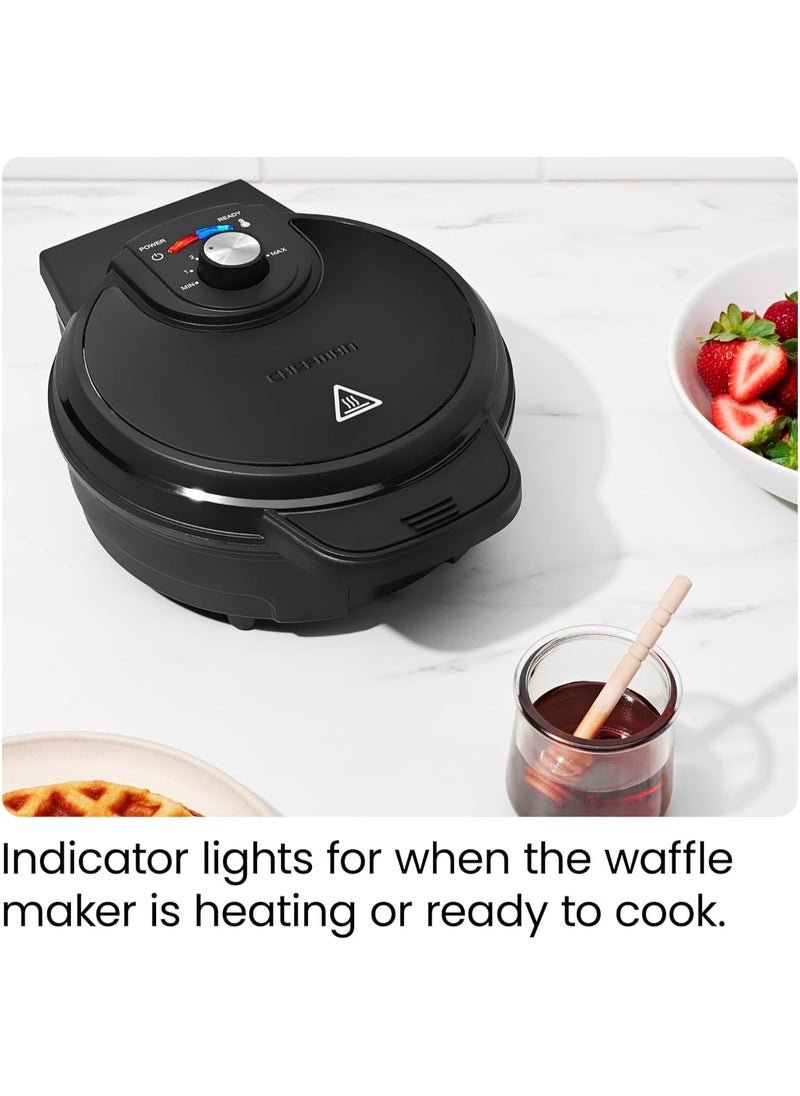 Anti Overflow Belgian Waffle Maker w/Shade Selector, Temperature Control, Mess Free Moat, Round Iron w/Nonstick Plates & Cool Touch Handle, Measuring Cup Included