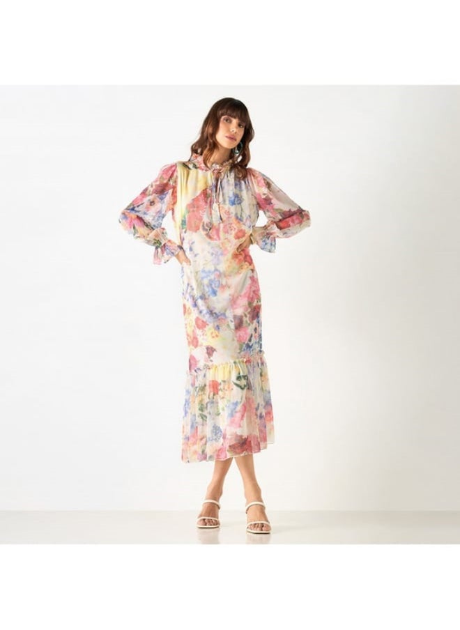 2Xtremz All-Over Floral Print Dress with Tie-Ups and Volume Sleeves