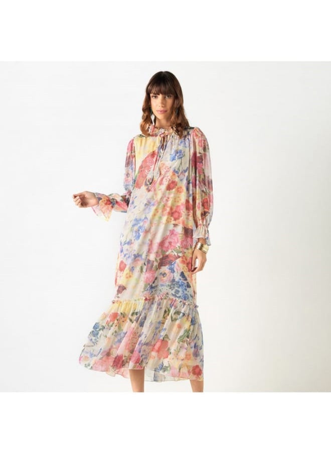 2Xtremz All-Over Floral Print Dress with Tie-Ups and Volume Sleeves