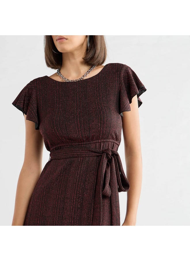 Textured Midi Dress with Flutter Sleeves and Tie-Up Belt