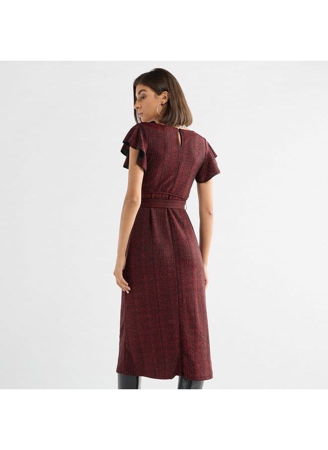 Textured Midi Dress with Flutter Sleeves and Tie-Up Belt