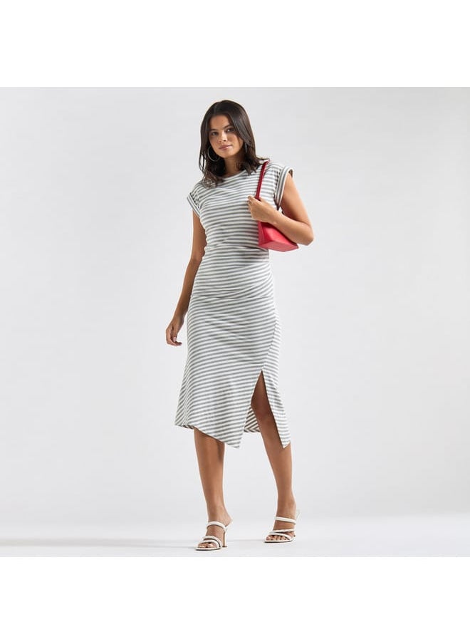 Striped Bodycon Midi Dress with Round Neck and Extended Sleeves